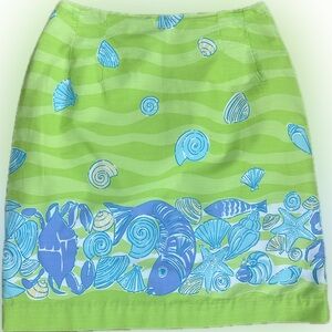 EUC Lily Pulitzer SZ 0 green/blue/purple crab, shells, fish print/waist 24”